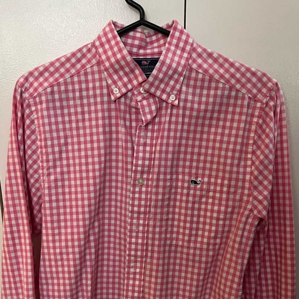 Vineyard Vines Men’s Slim Fit Tucker Shirt Pink White Check Cotton Size Small